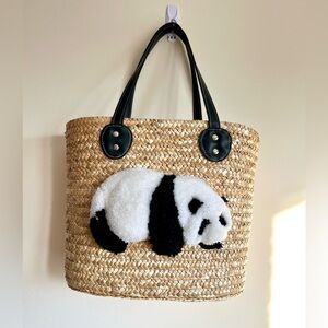Handmade Straw Tote Bag with Cute Hand Embroidered Panda